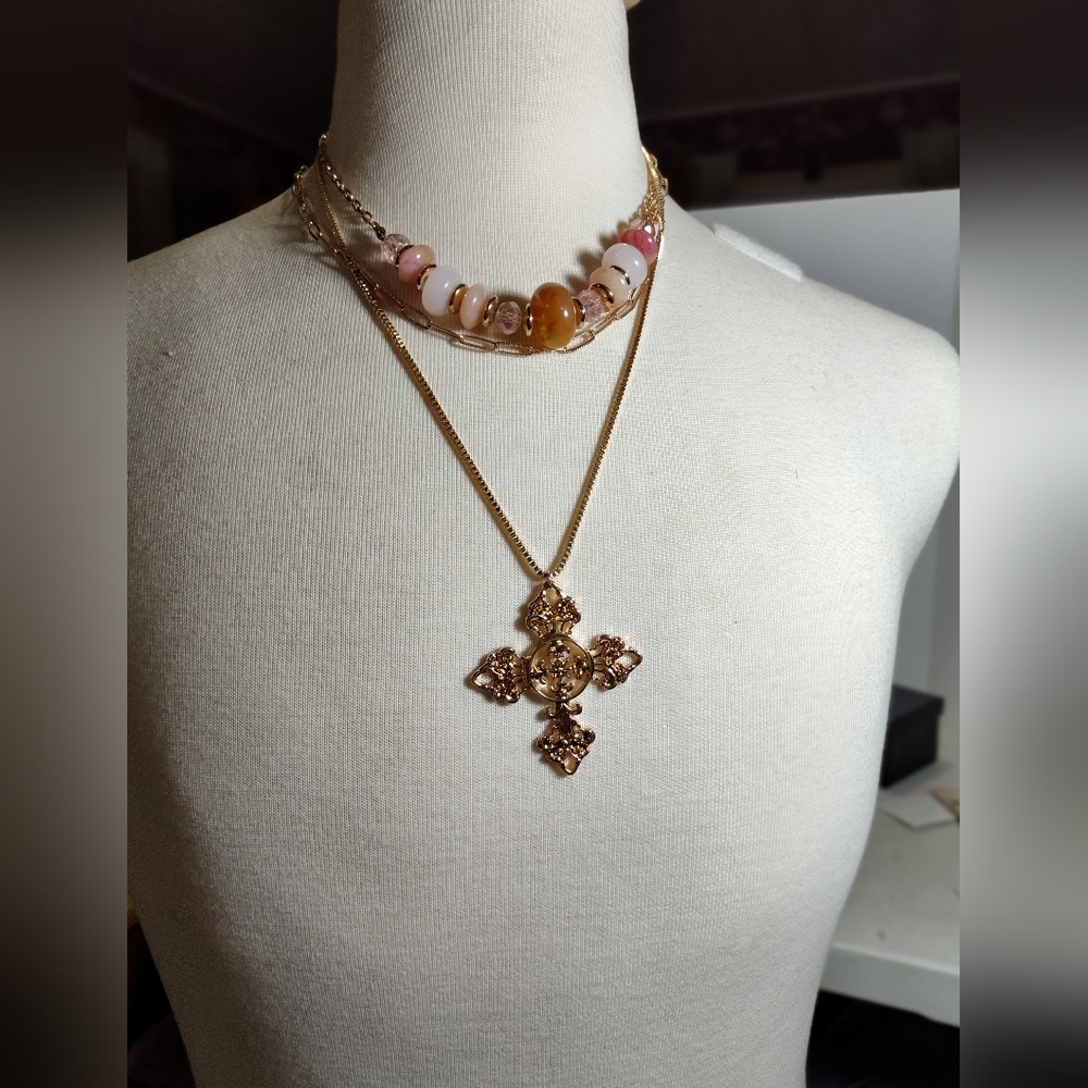 Gold Cross Pendant Layered Pink Beaded Necklace Nwot